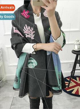 2021 Koreas new underwater world faux cashmere scarf cartoon