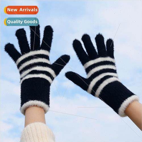 Cycling winter gloves striped color clashing knitted female