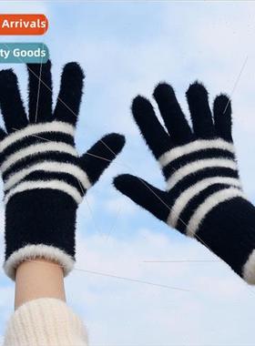 Cycling winter gloves striped color clashing knitted female
