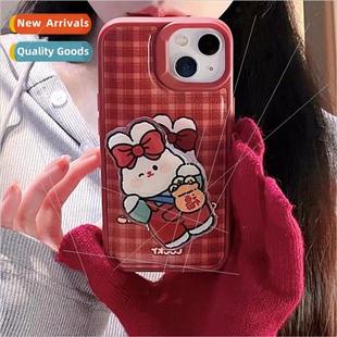 plaid 适用 iPhone bow female rabbit niche Cartoon 15ProMax