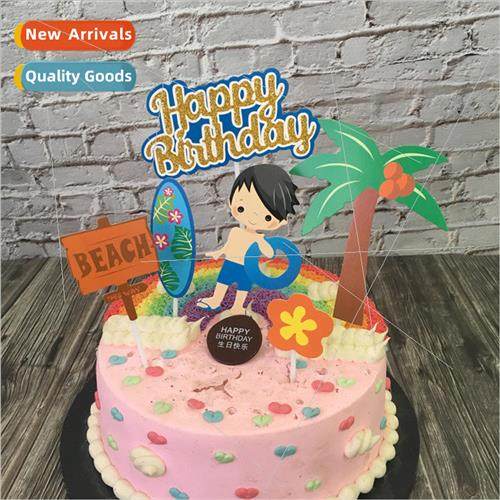 Baking cake decorating summer surfer boy beach hula girl tro