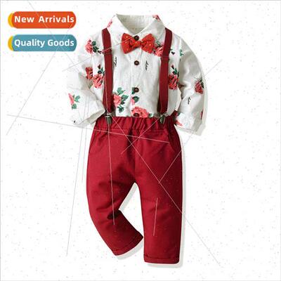 Kids Rose Print Long Sleeve Shirt Polka Dot Bow Tie Clip Bac