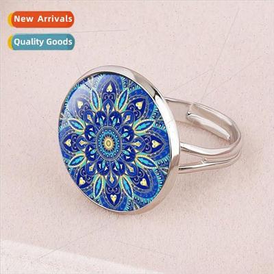 Sacred Mandala Flower Pattern Time Gemstone Ring Peripheral