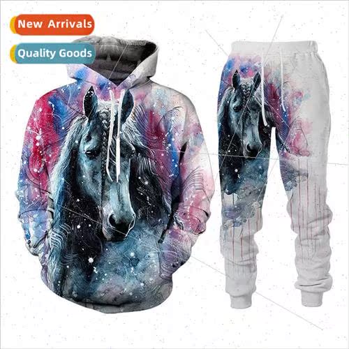 New 3D Animal Print Hooded Sweatshirt Set Spring and Autumn