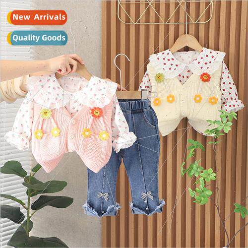 Girls knitted vest floral set baby childrens woolen shoulder