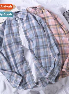 2021 new spring Japanese plaid long-sleeved shirt Korean nd