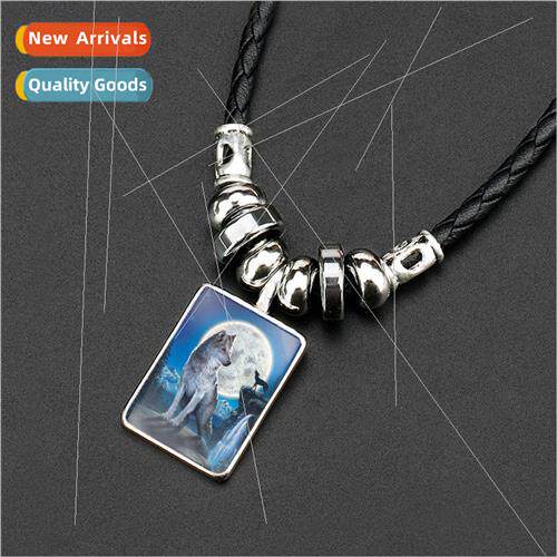 2018 New Mens ght Wolf Obsidian Beaded Leather String Neckla