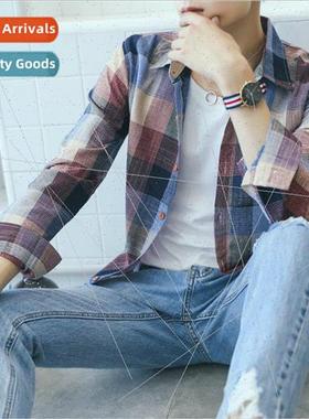 Mens loose plaid shirt jacket summer long-sleeved shirt casu