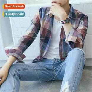 shirt jacket summer Mens sleeved plaid long casu loose