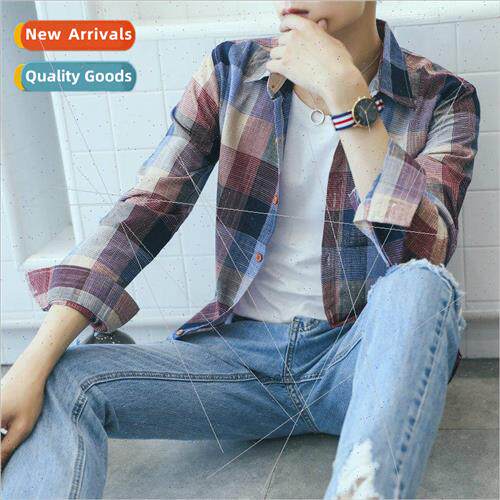 Mens loose plaid shirt jacket summer long-sleeved shirt casu