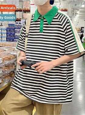 Summer lapel striped polo shirt mens short-sleeved ins splic