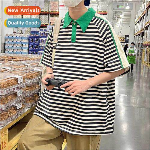 Summer lapel striped polo shirt mens short-sleeved ins splic