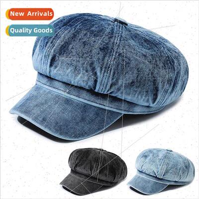 Korea washed cowboy beret female retro Japanese letters octa