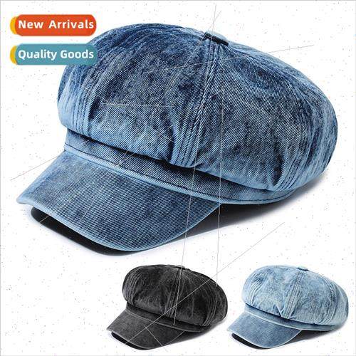 Korea washed cowboy beret female retro Japanese letters octa