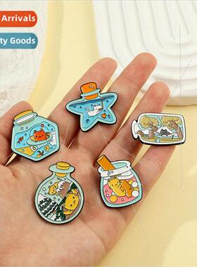 Cute cartoon drift bottle cat metal brooch personalized vers