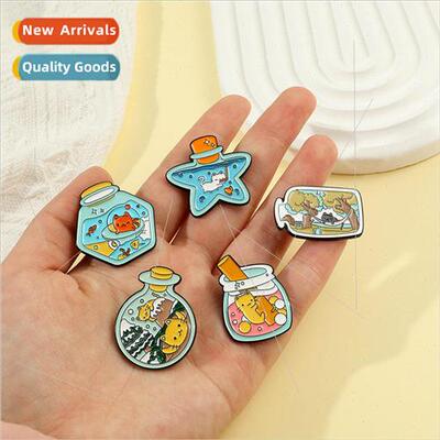 Cute cartoon drift bottle cat metal brooch personalized vers