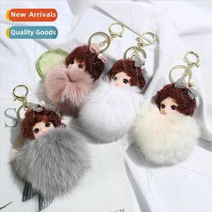 car doll fur charm key bag bow keychain cute Cartoon