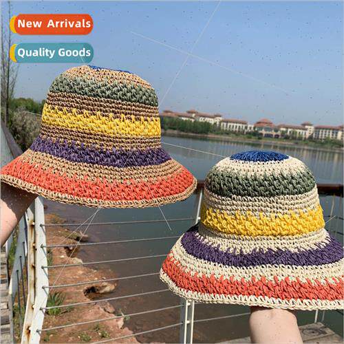 Korea hyunya wind ins colorful striped sun hat hand-woven st