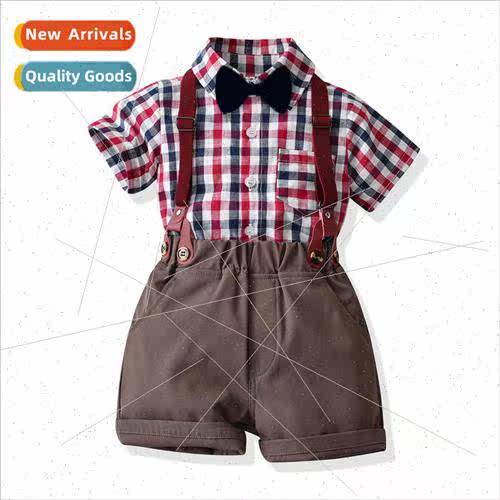 Summer boys plaid single-breasted short-sleeve cardigan back