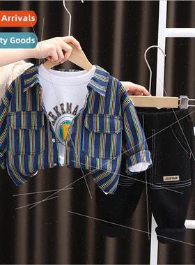 2023 spring new boys lapel long-sleeved England striped shir