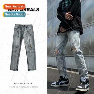 Casual high set jeans men ins nd knee hole retro Slim straig