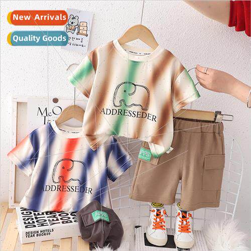 New summer boys round neck color collision cartoon print sho