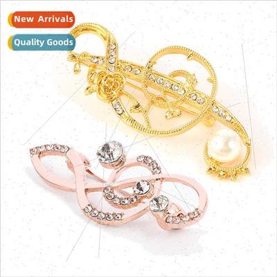 New Elegant musical notes brooch Diamonds pearls metal badge