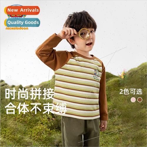 Girls T-shirt striped splicing children round neck long-slee