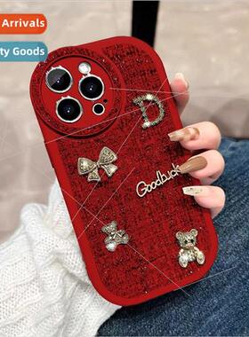Autumn and winter flannel iPhone 13 metal bow bear 14ProMax