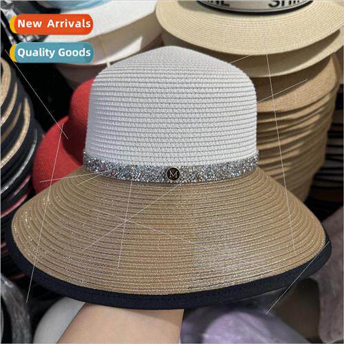 British retro rhinestone straw hat color collision splicing