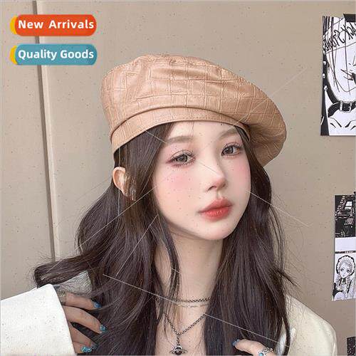 Hat female autumn and winter solid color plaid pu leather be