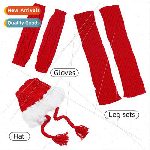 Winter Red Rhombus Sleeve Hat Knitted Twisted Braid Leg Wrap
