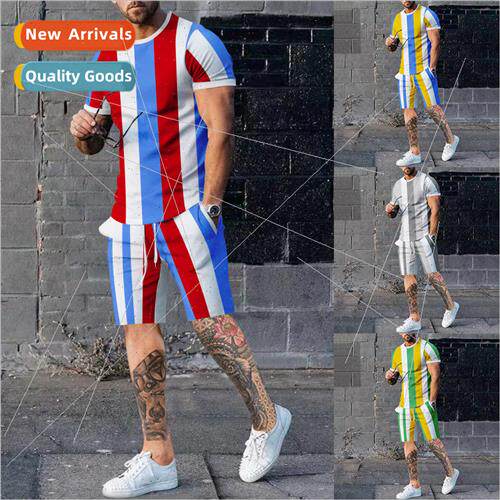 2023 Summer Mens Sports Striped Suit Casual Round Neck Print