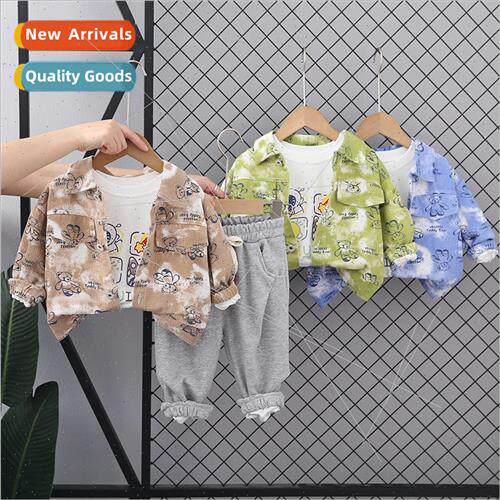 2023 fall new bear hole denim three-piece cartoon suit 1-5 y