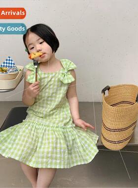 Korean girls sleeveless plaid dress baby summer new fashiona