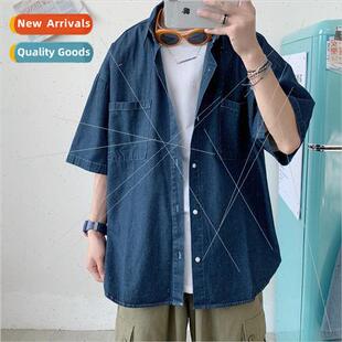 Summer 5 points short-sleeved denim shirt men ins Korean nd
