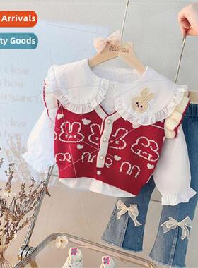 Autumn new girls suit fall childrens knitted vest white shir