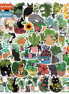 50 Cartoon Green Plants and Black Cat Stickers ggage Skatebo