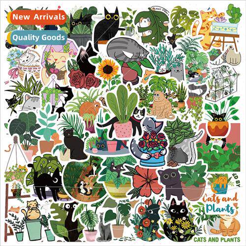 50 Cartoon Green Plants and Black Cat Stickers ggage Skatebo