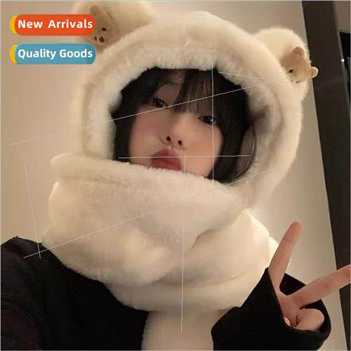 Bear ears hat scarf all-in-one female winter plush scarf cut