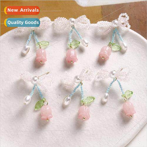 Yuanqi girl cute bow tulip flower earrings diy handmade weav