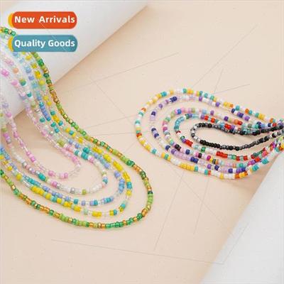Bohemian  collarbone chain rainbow color rice beads stainles