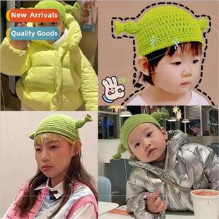 children knitted monster shrek handma hat baby green
