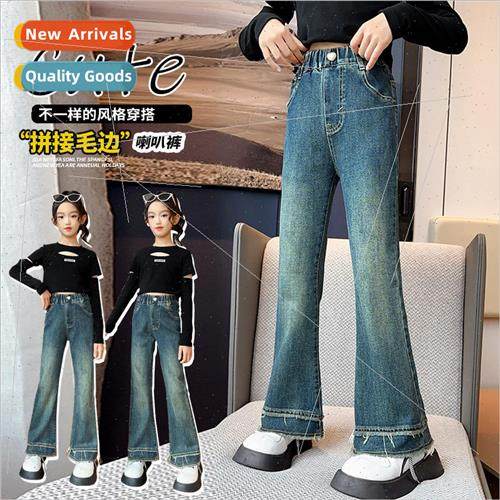 Girls jeans padded fall and winter childrens flared pants gi