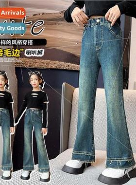 Girls jeans padded fall and winter childrens flared pants gi