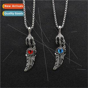 Vintage fashion eagle claw feather inlaid eyes titanium stee