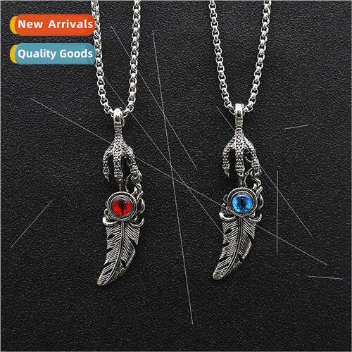 Vintage fashion eagle claw feather inlaid eyes titanium stee