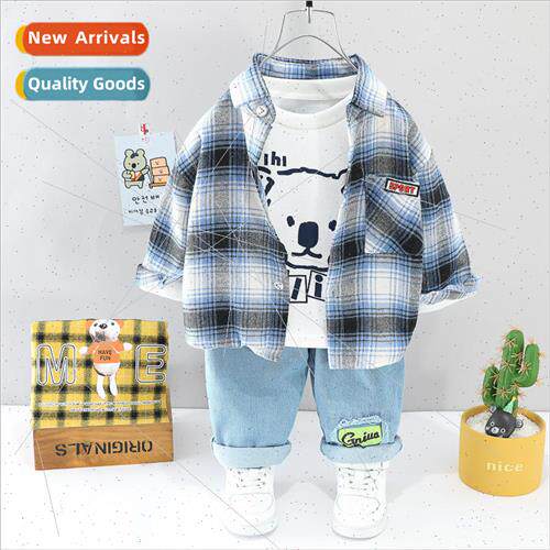 2023 spring plaid shirt three-piece boy Korean shirt jeans s