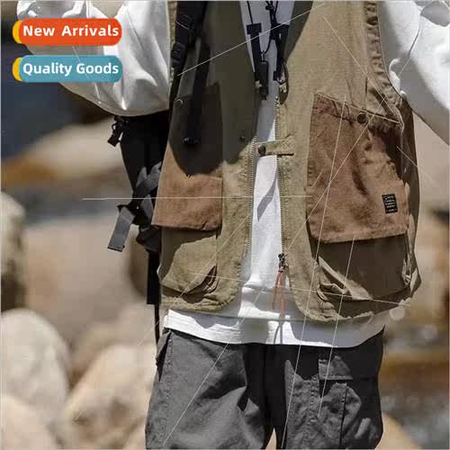 American retro Japanese multi-pocket workwear vest mens zipp