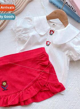 Childrens suit 2023 summer new baby girl small flower embroi